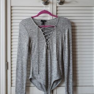 Forever 21 Grey Laceup Long Sleeve Bodysuit